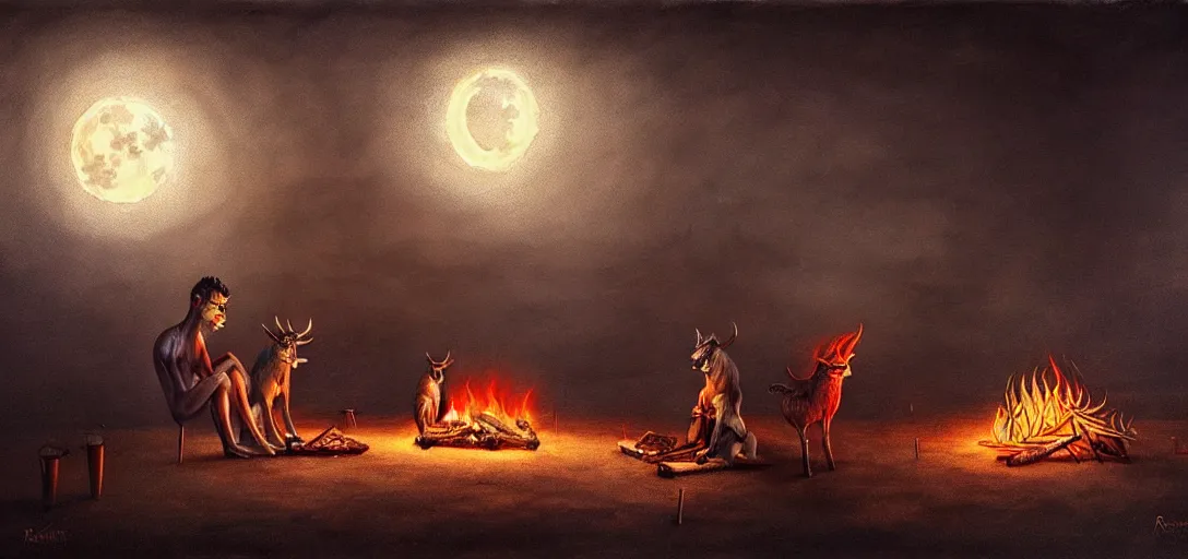 Image similar to strange mythical beasts of sitting around a fire under a full moon, surreal dark uncanny painting by ronny khalil