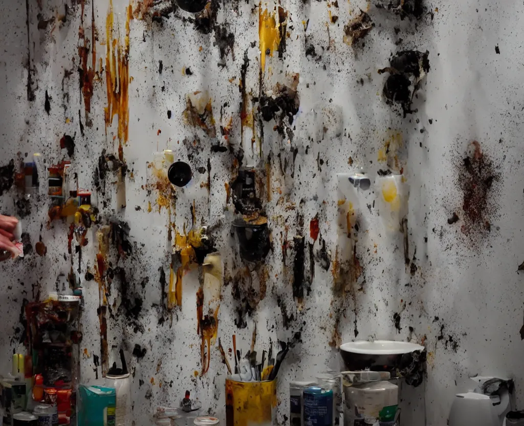 Prompt: lots of oil paint tubes exploding in bathroom