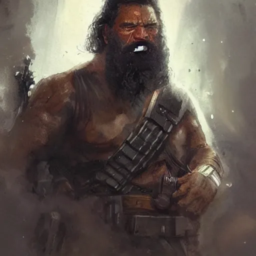 Image similar to portrait of a man by greg rutkowski, old bounty hanter, samoan features, tall and muscular, epic beard, star wars expanded universe, he is about 8 0 years old, wearing tactical gear.