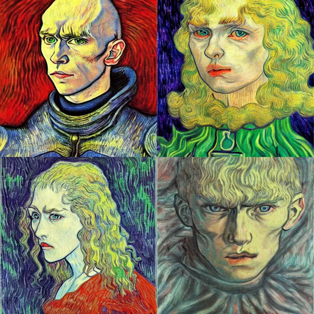 Prompt: griffith, berserk, oil pastel, highly detailed, masterpiece, centered, portrait, colored accurately, painted by vincent van gogh