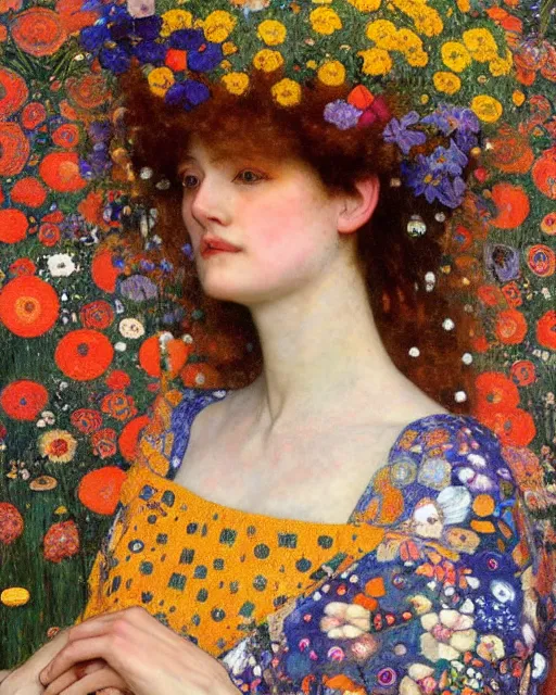 Image similar to a beautiful woman in a colorful dress surrounded by colorful patterns and flowers by gustave klimt and edgar maxence and john william waterhouse and michael whelan, artistic, intricate realistic fantasy, extremely detailed and beautiful face, 8 k resolution, dramatic lighting
