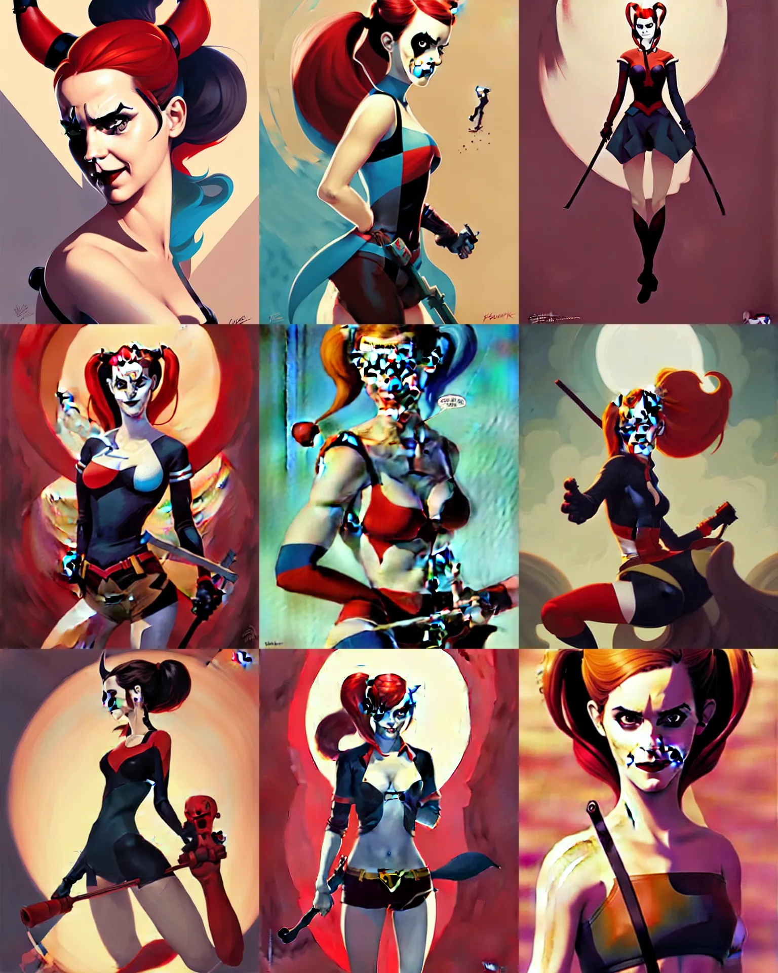 Prompt: peter mohrbacher, phil noto comicbook cover art, emma watson as harley quinn