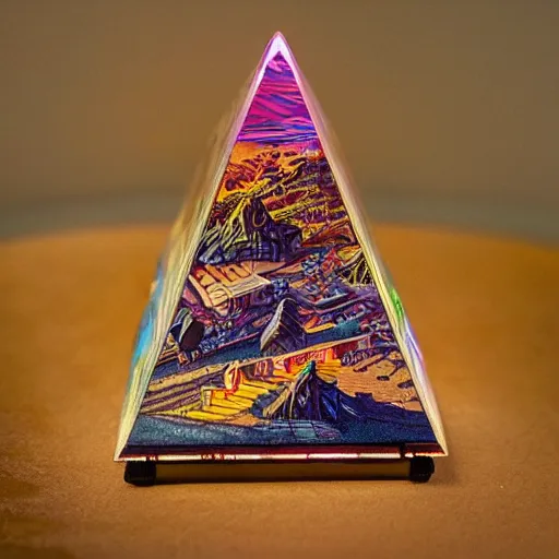 Prompt: flaming tall iridescent village pyramid puffin cove phantasm casket, by george lucas and mikhail larionov and dan mumford, 2 0 megapixels, tarot card, tilt shift