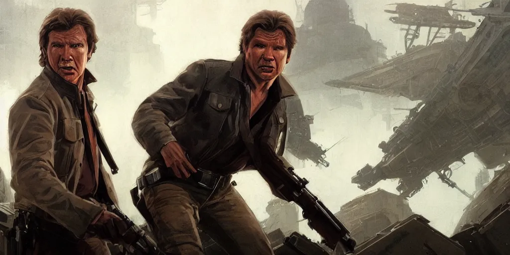 Image similar to a highly detailed epic cinematic concept art CG render digital painting artwork: wide shot of Soviet dieselpunk Han Solo played by Harrison Ford directed by David Fincher. By Greg Rutkowski, Ilya Kuvshinov, WLOP, Stanley Artgerm Lau, Ruan Jia and Fenghua Zhong, trending on ArtStation, subtle muted cinematic colors, made in Maya, Blender and Photoshop, octane render, excellent composition, cinematic atmosphere, dynamic dramatic cinematic lighting, precise correct anatomy, aesthetic, very inspirational, arthouse