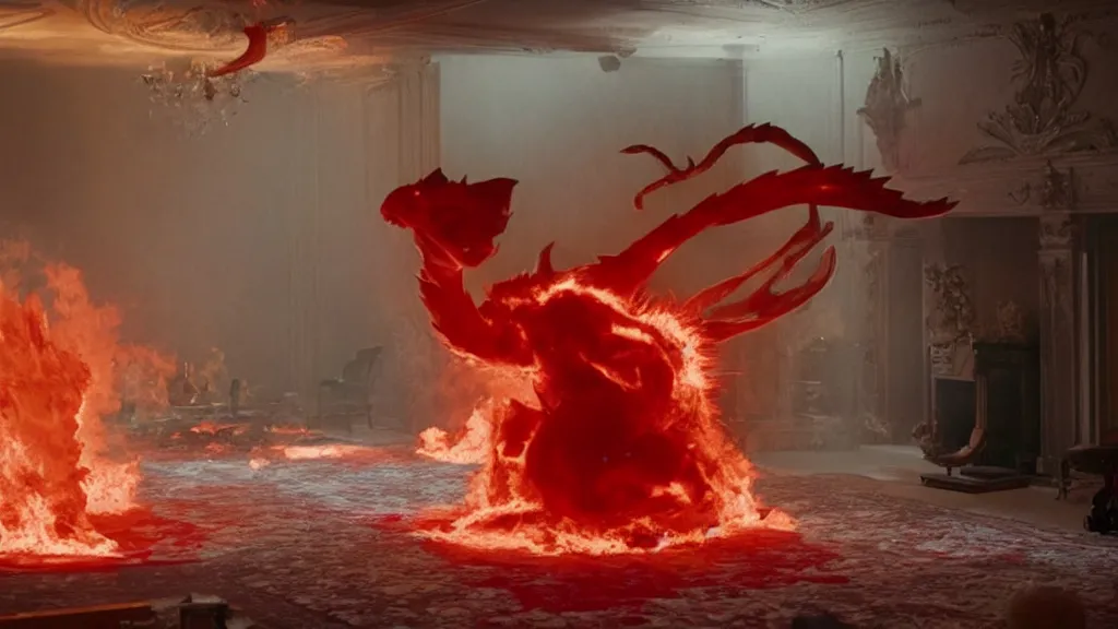 Image similar to a giant pokemon made of blood and fire floats through the living room, film still from the movie directed by Denis Villeneuve with art direction by Salvador Dalí, wide lens