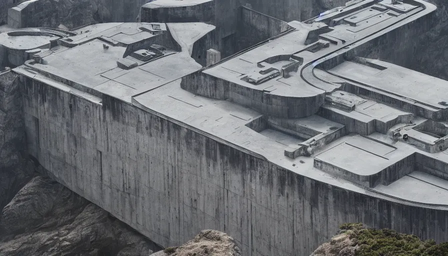 Image similar to big brutalist imperial military base on cliffs, drawing architecture, very long shot, top angle, imperial architecture in rogue one, pritzker architecture prize, brutalism architecture, jan urschel, greig fraser