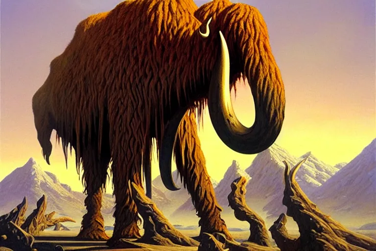 Prompt: classic oil painting, a mammoth that has a giant spear punctured in its body, as a dnd character, surrounded by barren tundra, highly detailed, digital illustration, concept art, smooth, sharp focus, art by greg hildebrandt, and tim hildebrandt