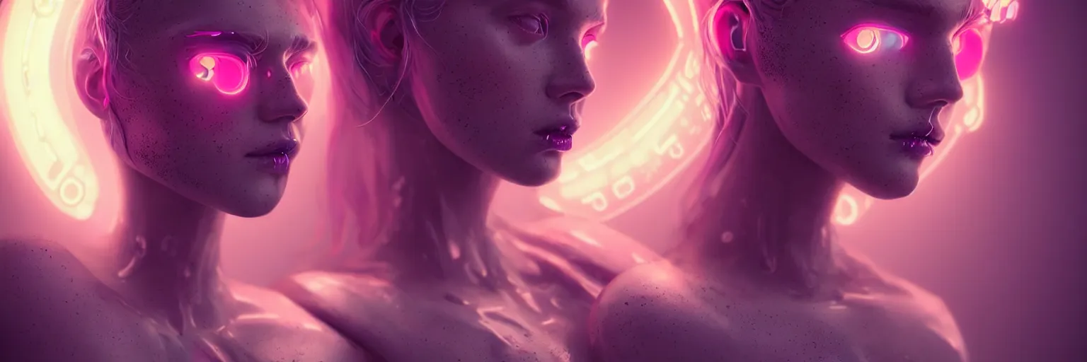 Image similar to outfocus photography of a beautiful scandinavian female humanoid with freckles, by loish, d & d, fantasy, cyber neon lighting, futurism, intricate futuristic jewelry accessories, cyberpunk high fashion glossy latex swimsuit, profile posing, perfect anatomy, hyper photorealistic, digital photography, artstation, pinterest, concept art, art by pascal blanche and greg rutkowski,