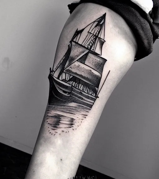 Image similar to A realistic tattoo design sketch of a pirate ship, paper background, black and white tattoo, highly detailed tattoo, shaded tattoo, hyper-realistic tattoo