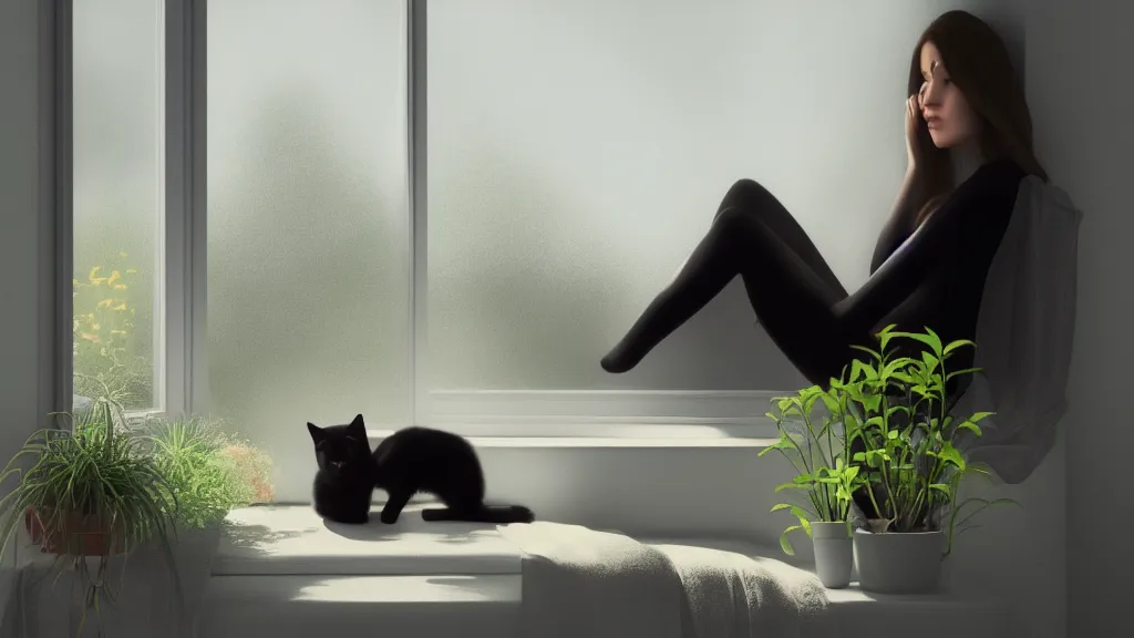 Image similar to peaceful dreamy painting of a beautiful young woman sitting with her black cat, detailed face, sunshine coming through the window, small plants on the window sill, 8k, hyper realism, trending on artstation, octane render, dynamic lighting