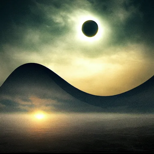 Image similar to a crescent eclipse in a cloudy sky, a matte painting by sin wi, pixabay, neo - romanticism, chillwave, atmospheric, mystical