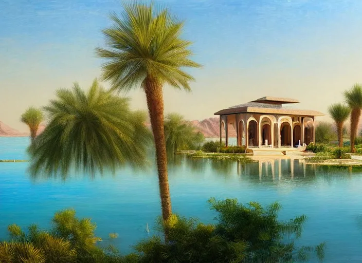 Image similar to A beautiful ultra-detailed painting of a garden villa with a lake in the middle of the arabic desert with a blue sky by Ludwig Deutsch, Trending on Artstation