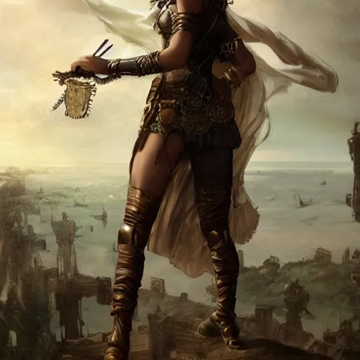 Image similar to highly detailed steampunk gal gadot standing, cape, bo staff : leonardo da vinci, greg rutkowski, magali villeneuve