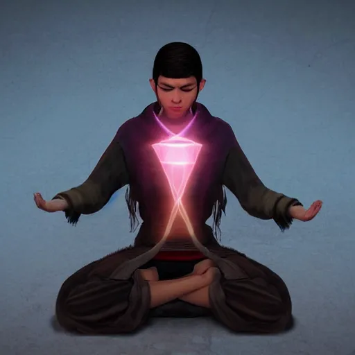 Image similar to a male mage in his 2 0 s with black hair, meditating with closed eyes. unreal engine, extremely detailed, award - winning art, trending on artstation