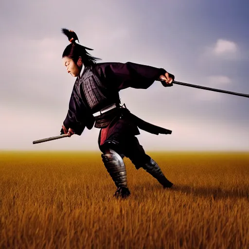 Image similar to HD photo of a samurai sprinting across a field. dynamic pose