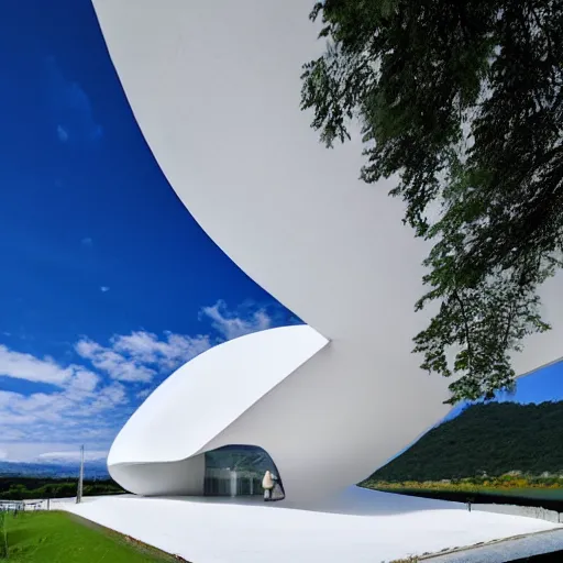 Prompt: a white art museum building with a fish shaped cell bubble structure on the surface of a beautiful lake. the interior is luminous. it was created by tadao ando and hiroshi shimajima