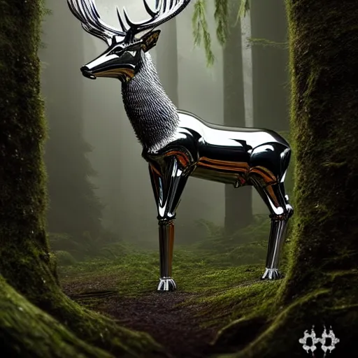 Image similar to chrome stag made of corvette parts in a lush forest :: moody, ornate, dynamic, particulate, intricate, elegant, highly detailed, centered, artstation, smooth, sharp focus, octane render