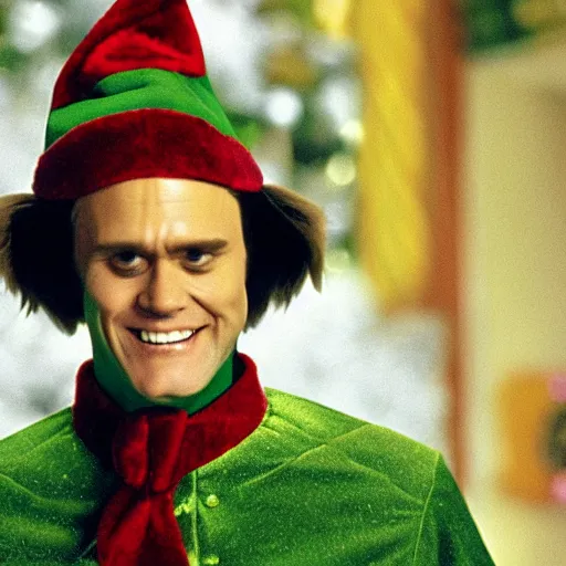 Prompt: jim carrey as buddy the elf, movie still