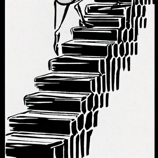 Prompt: chasing my dreams down a flight of stairs 1950s illustration