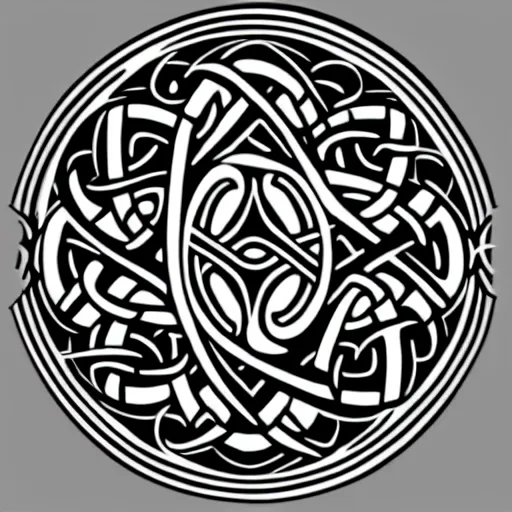 Image similar to a circular vector tattoo design in a spiky tribal style, and in a celtic knot style.