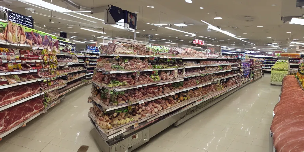 Image similar to inside a supermarket, fridges with ham