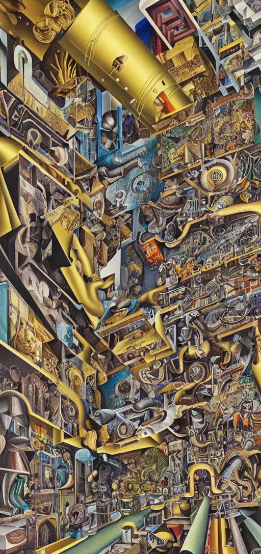 Prompt: epic mural of technological change through history by marcus akinlana, sparse conventional collage, amanita aztec, basil wolverton, mc escher, dali, picasso, hr giger, wheres waldo, cybernetic river of transformation, vibrant but muted colors, gold flake, tin foiling, sharp and clean