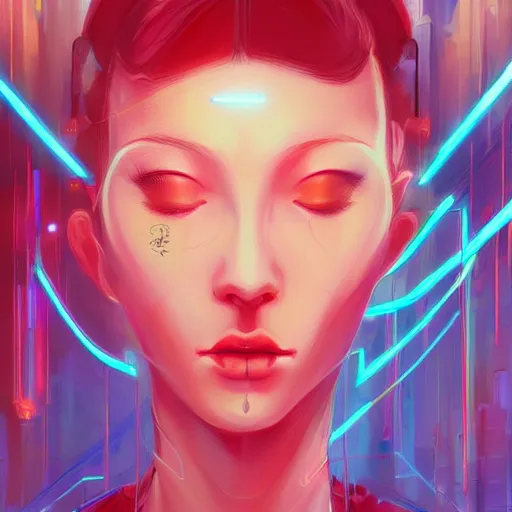 Image similar to a digital painting of a woman with her eyes closed, cyberpunk art by james jean, cgsociety, retrofuturism, anime aesthetic, chromatic, iridescent