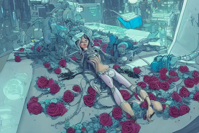 Image similar to comic book illustration, an alien princess lying on a bed of roses, cyberpunk concept art by josan gonzales and wlop, highly detailed, intricate, sci-fi, sharp focus, Trending on Artstation HQ, deviantart