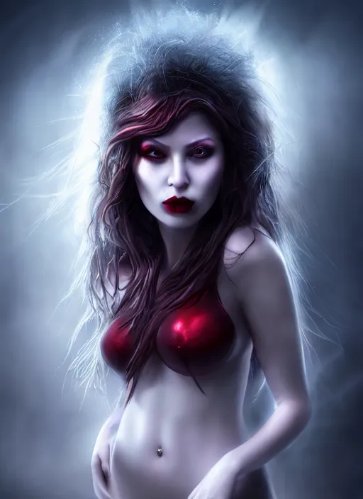 Prompt: beautiful full body portrait vampire queen highly detailed CGsociety subtle enchanting alluring blood magical concept art HDR hyper realistic volumetric lighting subsurface scattering unreal