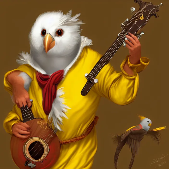 Prompt: an anthropomorphic cockatiel bard wearing a yellow robe and playing a mandolin digital art trending on artstation