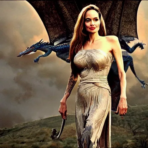 Image similar to angelina jolie as khaleesi riding a dragon