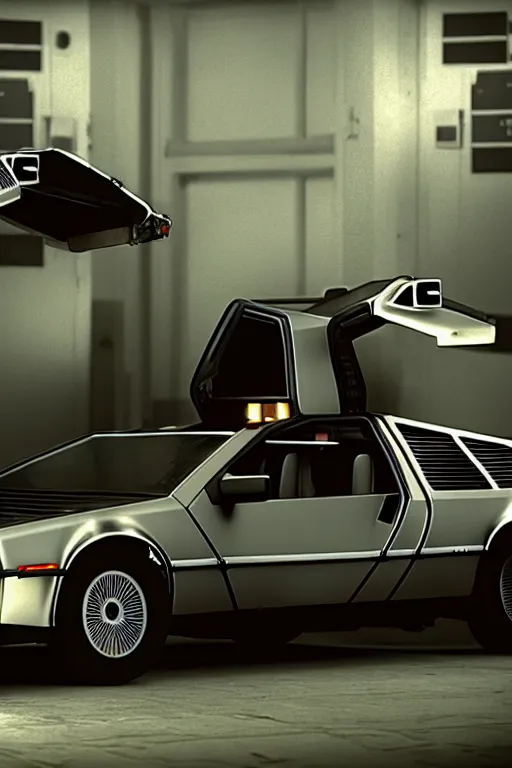 Prompt: photograph of the delorean from back to the future in half life 2, dark room, cinematic, volumetric lighting, hyperdetailed photograph