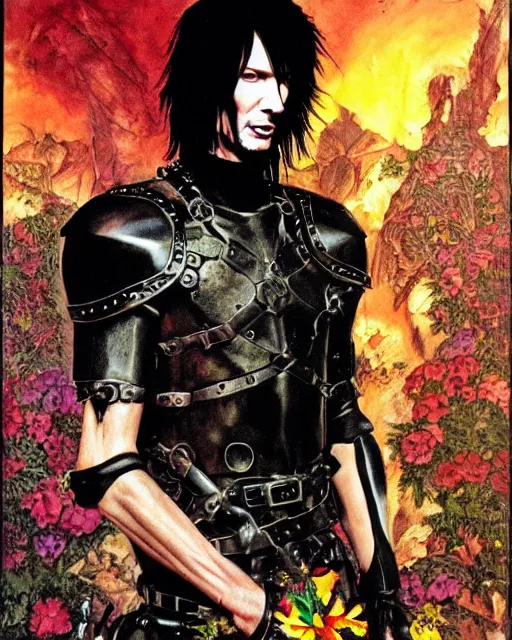 Image similar to portrait of a skinny punk goth keanu reeves wearing armor by simon bisley, john blance, frank frazetta, fantasy, thief warrior, colorful flowers floral