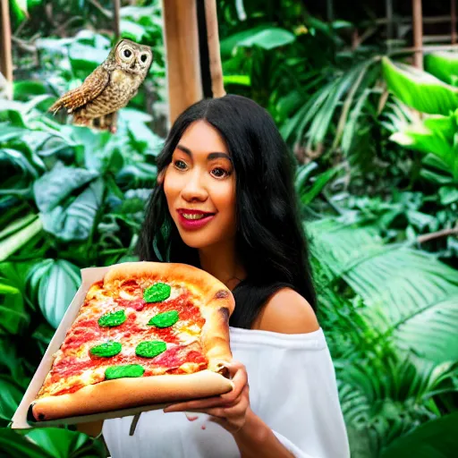 Prompt: close up portrait of beautiful woman wearing a pizza in a tropical greenhouse with an owl on her shoulder, bokeh, cinematic colors