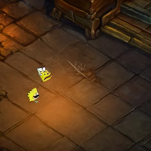 Prompt: a videogame still of Spongebob in Diablo III, portrait, 40mm lens, shallow depth of field, split lighting, cinematic