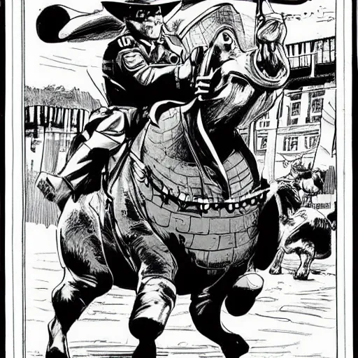 Image similar to comic book drawing of a canadian mountie riding a giant fat hippo by simon bisley and jack kirby
