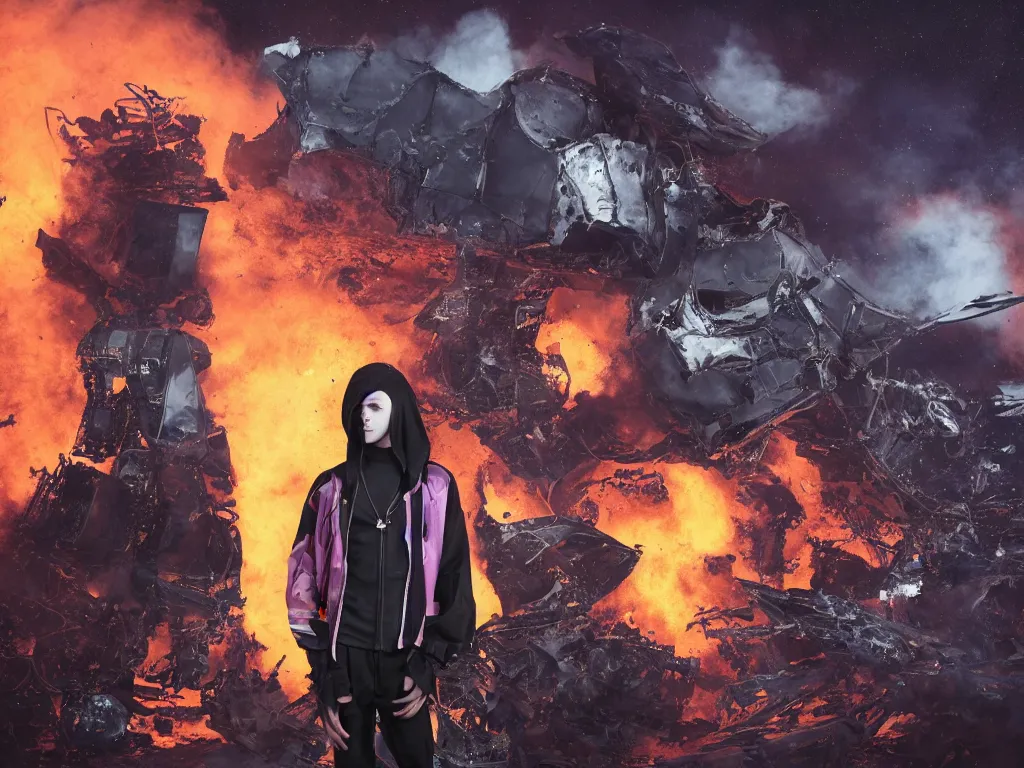 Prompt: portrait of a depressed teenager with emo haircut wearing gothy purple and black spandex suit, standing next to smashed burning spacecraft wreckage, on the orange surface of mars, highly detailed, dramatic lighting, photorealistic, cinematic