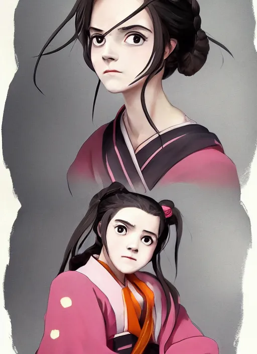 Image similar to emma watson as nezuko Kamado from demon slayer anime ねずこ nezuko from demon slayer anime ねずこ nezuko from demon slayer anime ねずこ wearing kimono wrapped mouth by artgem by greg rutkowski trending on artstation