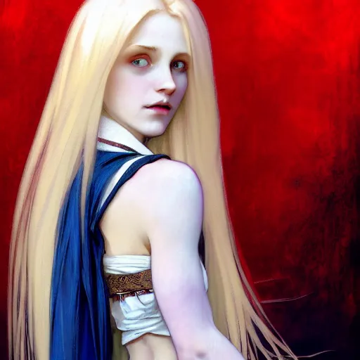 Prompt: portrait of a beautiful young fit girl vampire with long blonde hair and blue eyes feeding on her victim, wearing a skirt, by greg rutkowski and alphonse mucha, d & d character, gradient white to red, modern nocturnal background, highly detailed portrait, digital painting, artstation, concept art, smooth, sharp focus ilustration, artstation hq