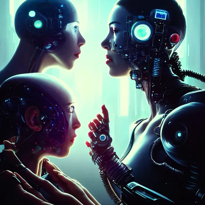 Image similar to ultra realistic medium shot of a couple of cyborgs kissing, lovers, cyberpunk, sci - fi, fantasy, kodak, colour led, soft light, volumetric lighting, night, intricate, highly detailed, digital painting, concept art, smooth, sharp focus, illustration, art by artgerm and greg rutkowski and alphonse mucha