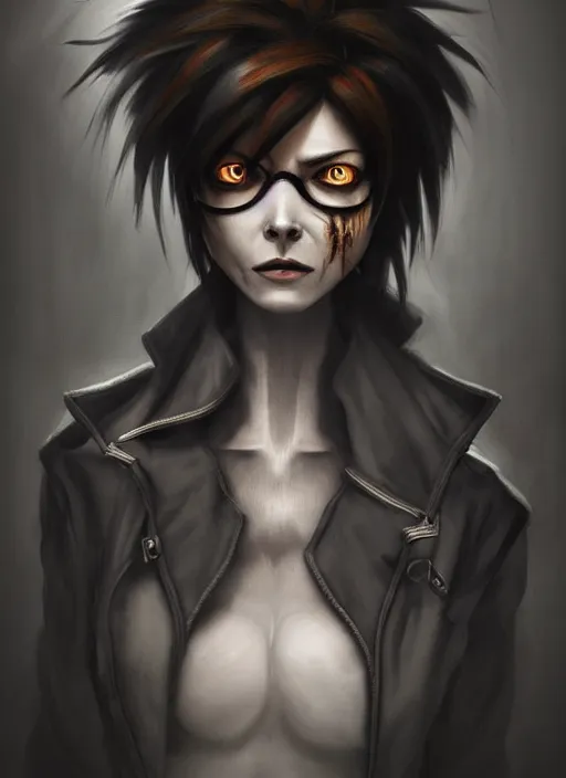 Image similar to dark portrait painting of tracer from overwatch, in style of zdzisław beksinski, scary, horror, overwatch tracer character, detailed face, dressed in dark garment, black tendrils, tall,