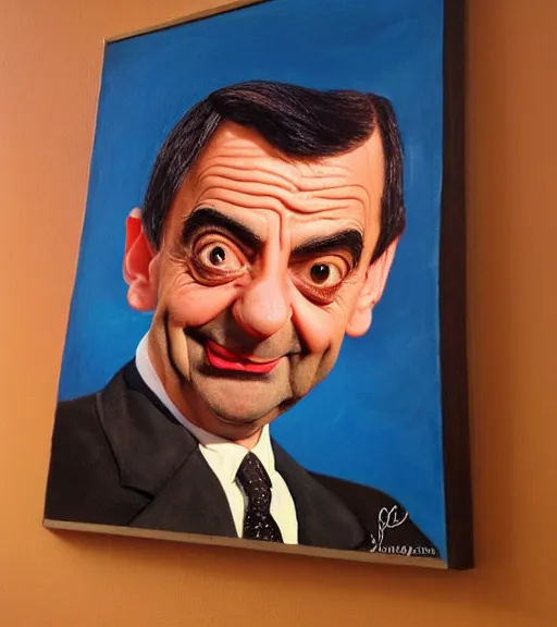 Prompt: mr bean in the shape of baked beans, surrealist oil painting, highly detailed