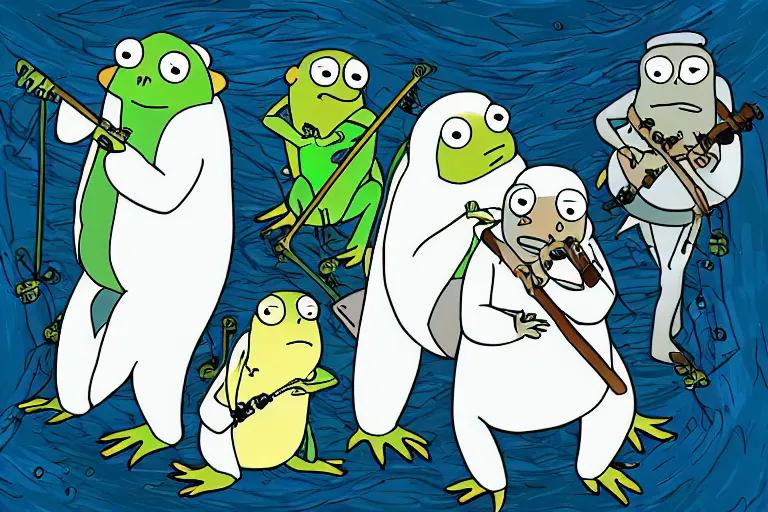 Image similar to “a group of baby harp seal cyborg warrior surrounding a group of ninja frogs, in the style of Rick and Morty”