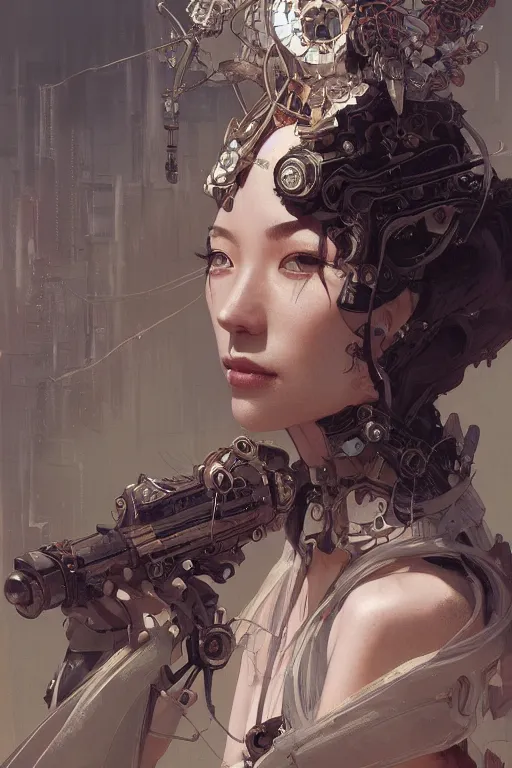 Image similar to A full portrait of a powerful beautiful futuristic dystopian junktown Japanese necromancer sorcerer enchanter, intricate, elegant, highly detailed, digital painting, artstation, concept art, smooth, sharp focus, illustration, art by Krenz Cushart and Artem Demura and alphonse mucha