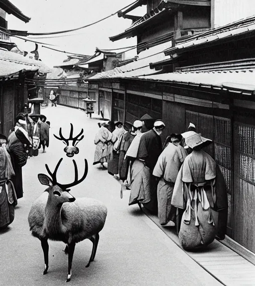 Image similar to 1 8 th century japanese street market in kyoto 1 9 0 0 s early photography portrait anthro anthropomorphic deer head animal person fursona wearing clothes street trader