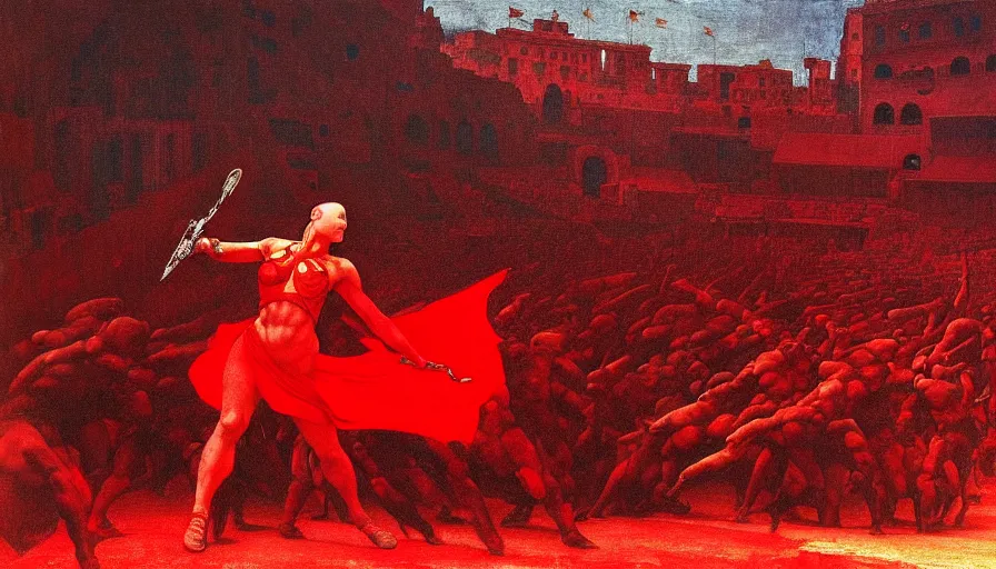 Image similar to only with red, a lightly armored gladiator in a crowded roman amphitheatre, crowd cheering, in the style of beksinski and edward hopper and rodcenko and yue minjun and artgerm, intricate and epic composition, red by caravaggio, highly detailed, masterpiece, red light, artstation, art nouveau