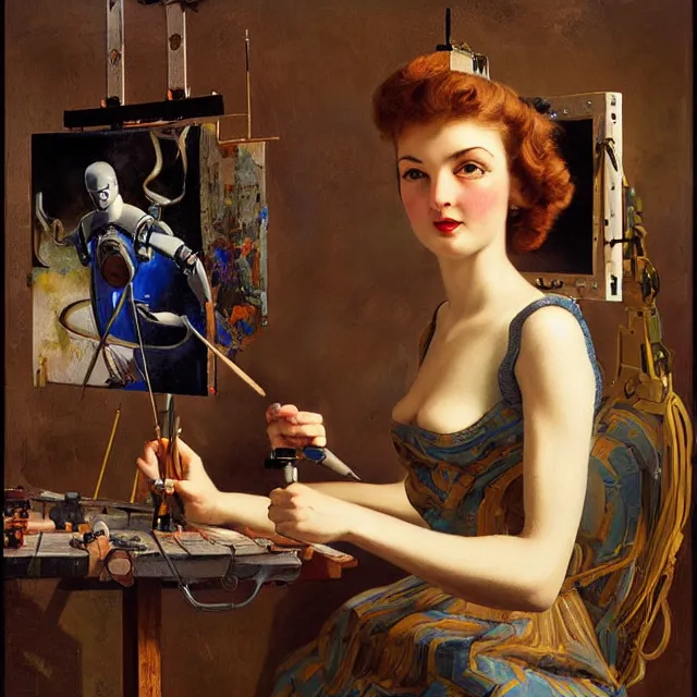 Image similar to robot artist painting a self - portrait on a canvas. intricate, highly detailed, digital matte painting, in the style of alexandros pyromallis, and in the style of hans thoma, and in the style of gil elvgren. irony, recursion, inspiration.