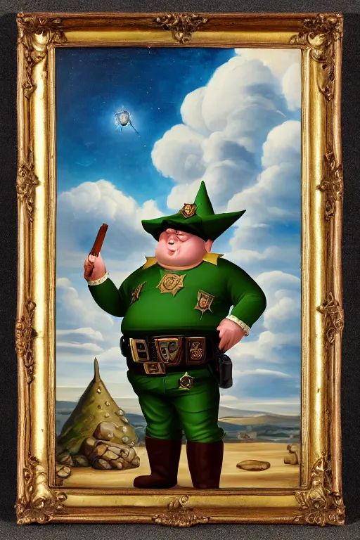 Image similar to high fantasy elf mall cop with a sheriff's badge that is fat, shifty, 1500s Oil Painting, Carvagio, RPG portrait, 8K digital scan