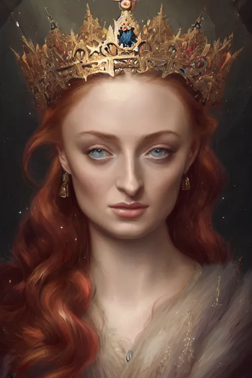 Prompt: beautiful _ hq _ matte _ painting _ portrait _ of _ sophie turner _ princess and jeweled crown _ by _ peter _ mohrbacher _ greg _ rutowski