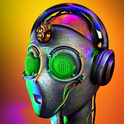 Prompt: a claymodel of a dieselpunk rococo spaced out robot head wearing multicolored wires and headphone, 8 k, front view, symetrical, flourescent colors, halluzinogenic, multicolored, exaggerated detailed, front shot, 3 d render, octane